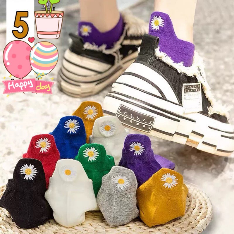 Tất cotton cổ ngắn gót thêu hoa cúc Tất vớ thấp cổ vintage hàn quốc