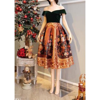 (Bỏ sỉ)ĐẦM xòe trễ vai trên nhung xanh dưới tùng vàng in hoa đep y hình siêu xinh MÃ T22125298