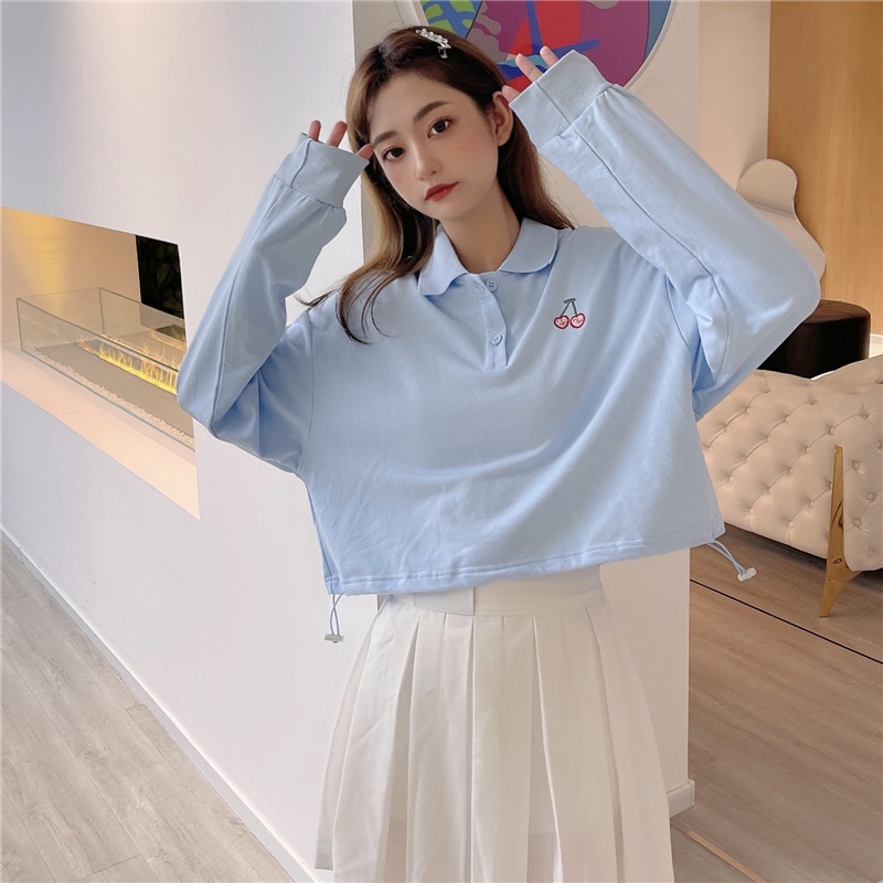 SUXI Áo Thun Polo Tay Dài Dáng Rộng Màu Sắc Đơn Giản Cho Nữ