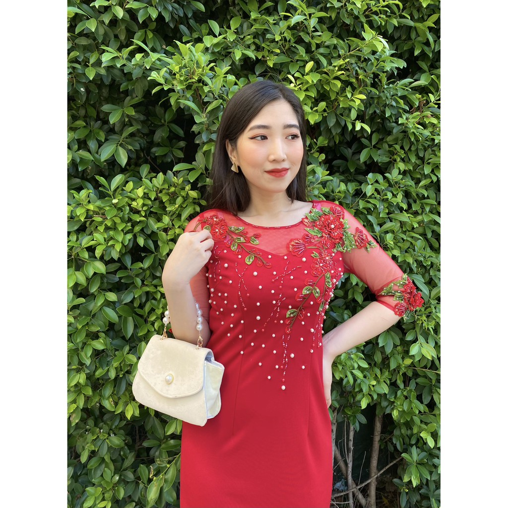 Đầm trung niên nữ phối hoa sang trọng, dự tiếc, thiết kế cao cấp