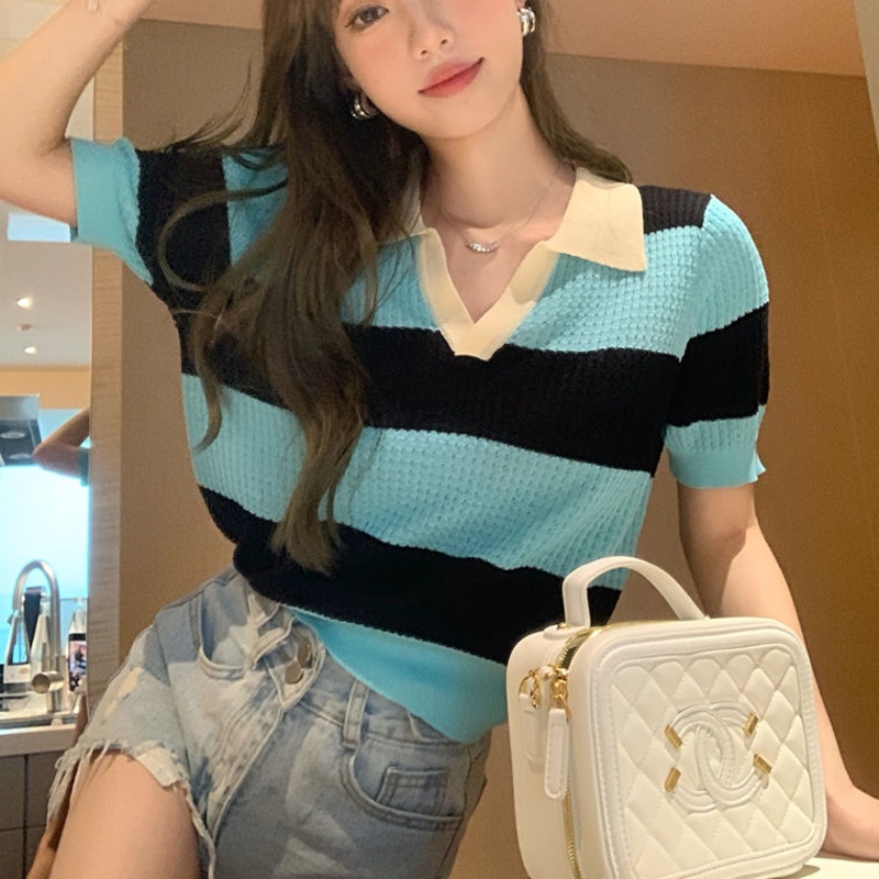 Áo Polo Dệt Kim Kẻ Sọc Kiểu Retro Cá Tính 185754 Áo Thun Ngắn Tay Thời Trang Trẻ Trung Cá Tính Kiểu Hàn Quốc