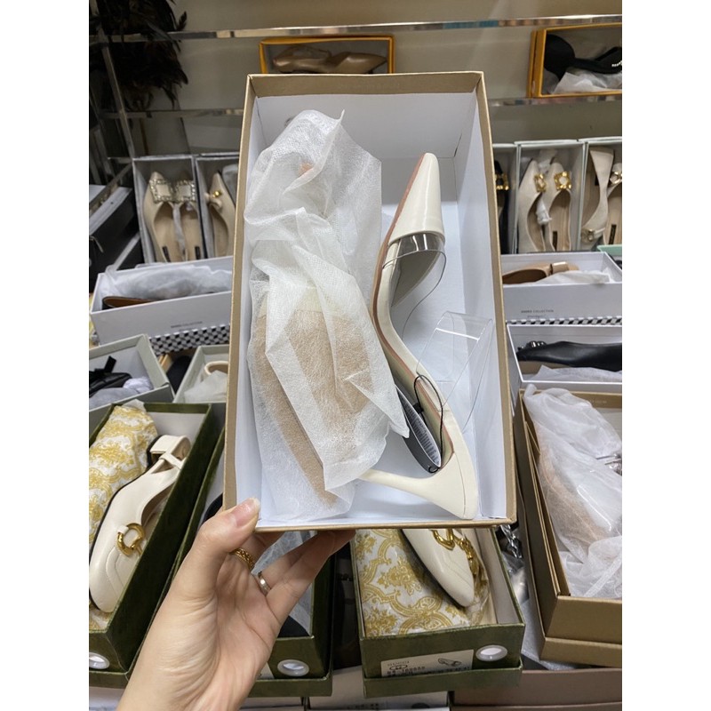 Giày sục cao gót 7cm zaza quai trong mũi nhọn màu trắng