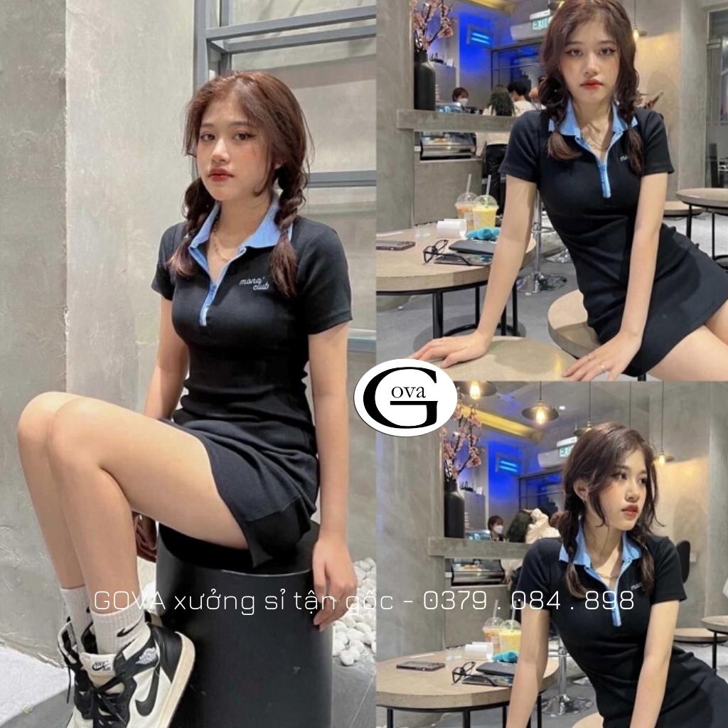 Đầm Váy Body CỔ POLO DÂY KÉO Dáng Xoè Thêu Chữ Đẹp Thun Gân Kiểu Sexy Nữ, Đầm Thun Ôm Body Đẹp GOVA