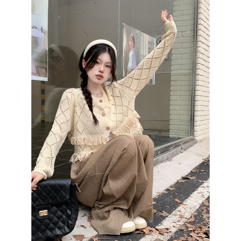 Áo cardigan ZHELIHANGFEI dệt kim tay dài lưng cao thiết kế tua rua phong cách thời trang