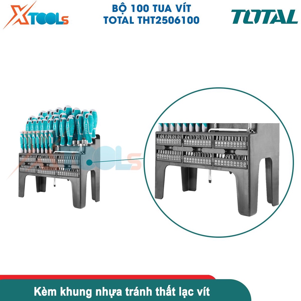 Bộ 100 tua vít TOTAL THT2506100 thép Cr-v cứng chống tòe, 6 kiểu đầu vít, đầy đủ kích thước [CHÍNH HÃNG][XTOOLS]