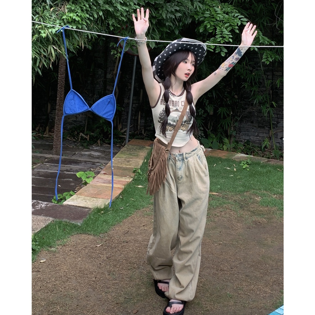 Cocory vn Áo Croptop Không Tay In Họa Tiết Vintage Quyến Rũ Dành Cho Nữ