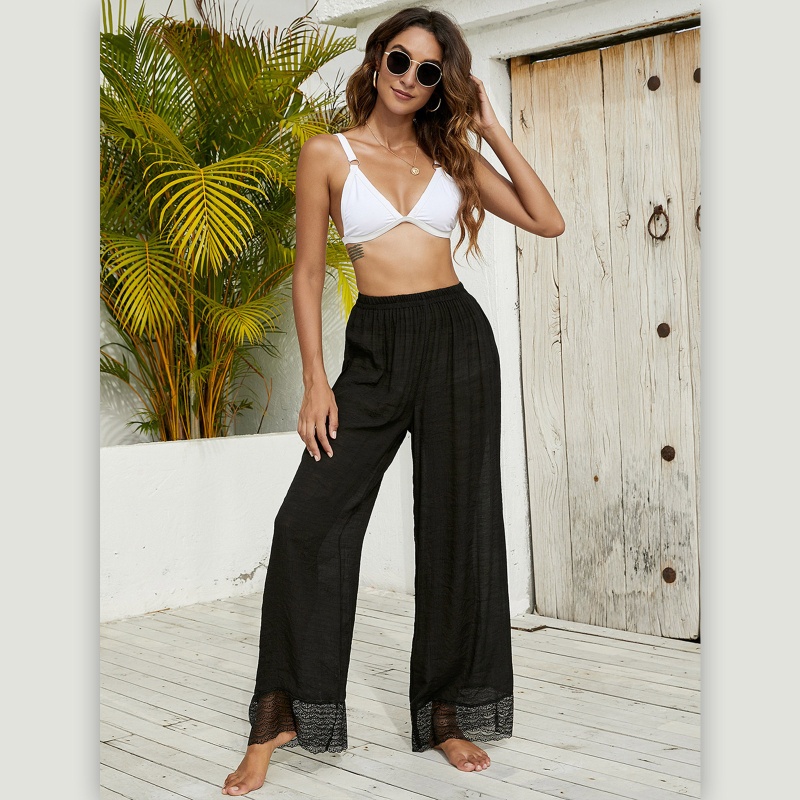 Xiangbao Quần Ngủ Cotton Lanh Ống Rộng Phối Ren Lưng Cao Xuyên Thấu Cho Nữ