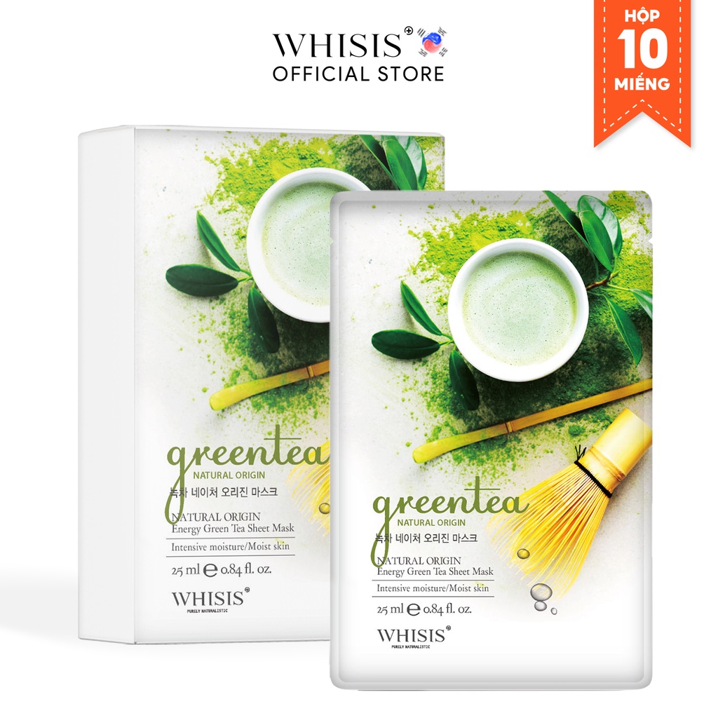 Combo 10 Mặt Nạ Trà Xanh WHISIS Nature Origin Energy Green Tea Sheet Mask Giảm Mụn, Kiểm Soát Bã Nhờn 25ml/miếng