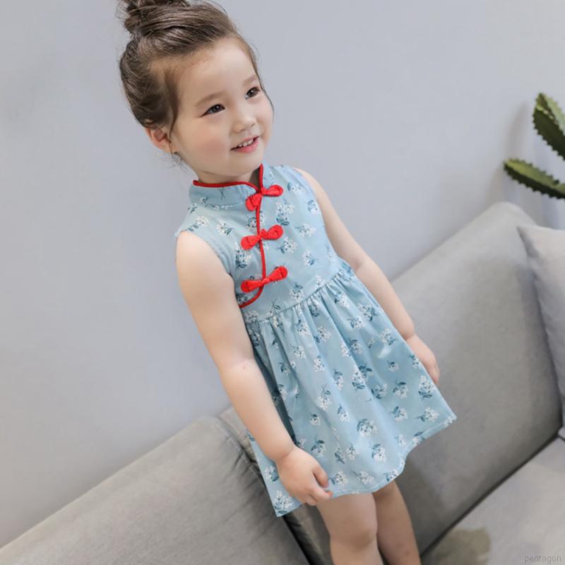 Đầm Bé Gái In Hoa Phong Cách Trung Quốc