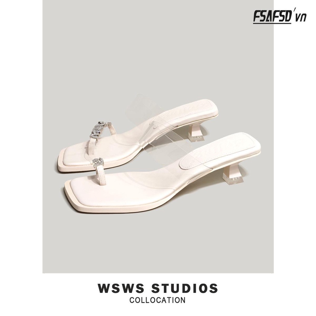 Dép Xỏ Ngón Đế Bằng Mũi Vuông Đính Đá Thời Trang Dành Cho Nữ