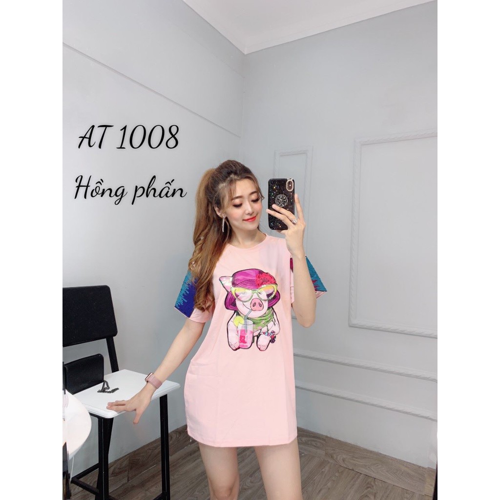 Áo phông dấu quần thêu lợn kimsa tay xanh