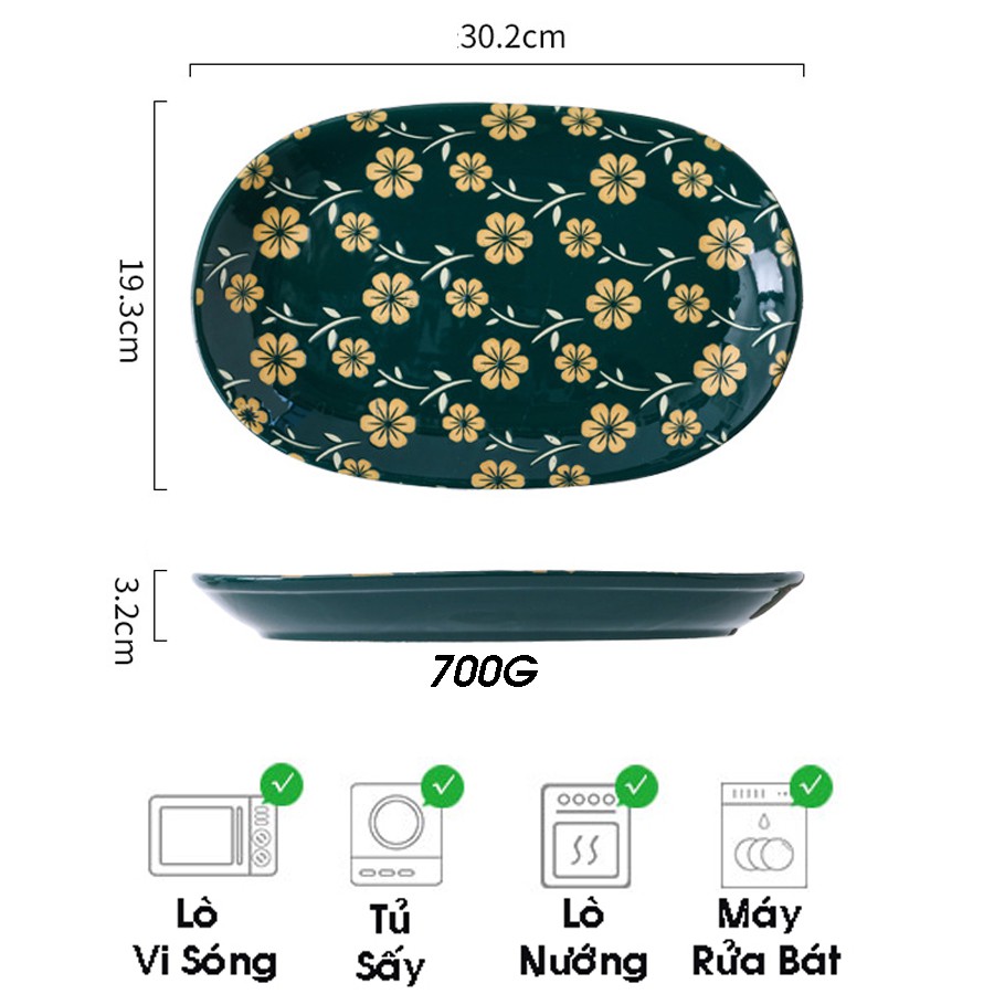 Đĩa sứ trang trí bàn ăn, đĩa than bầu dục tráng men 2 lớp cao cấp dày dặn sang trọng