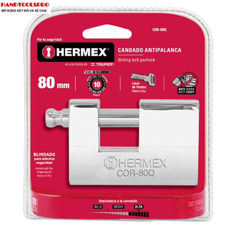 Ổ khoá cầu ngang thân Inox chống cắt 80mm Hermex 43352 (COR-80Q)