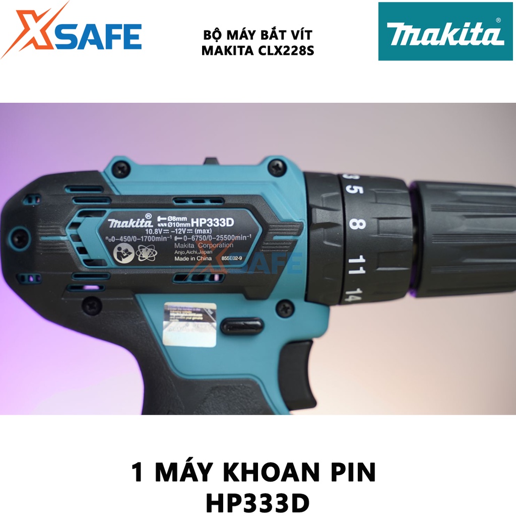 Bộ máy bắt vít dùng pin MAKITA CLX228S Bộ máy khoan pin, vặn vít dùng pin sạc nhanh DC10SB, kèm 2 pin 12V 1.5Ah - XSAFE