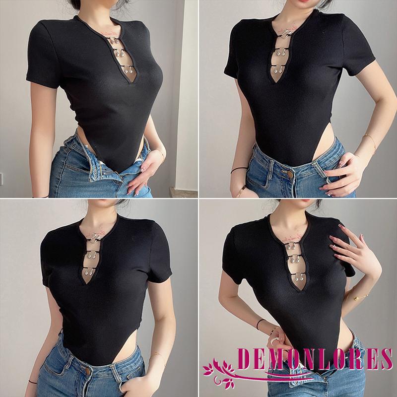 DEMQ-Women´s Summer Knitted Bodysuit Black Short Sleeve Round Neck Front Crochet Buckle Playsuit | BigBuy360 - bigbuy360.vn