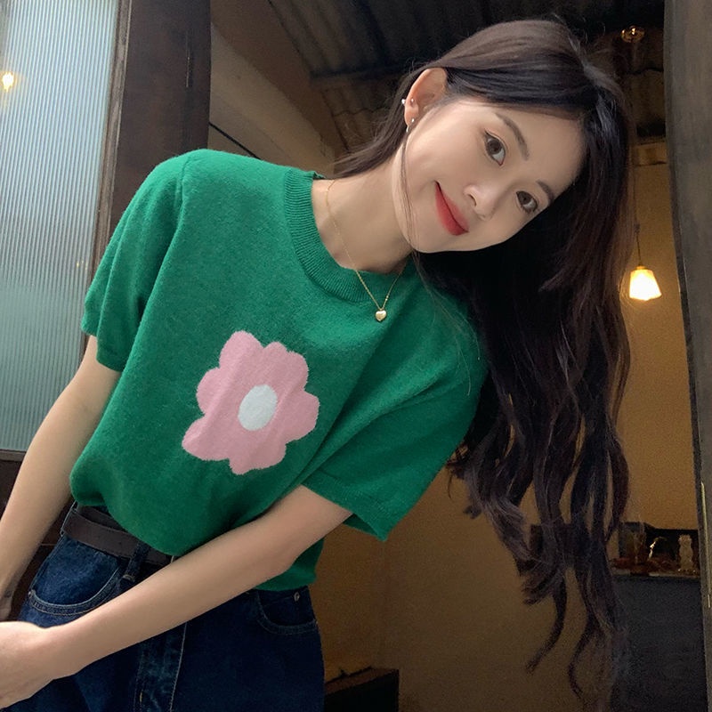 Áo thun COZOKC dệt kim tay ngắn dáng ôm in họa tiết hoa thời trang mùa hè cho nữ