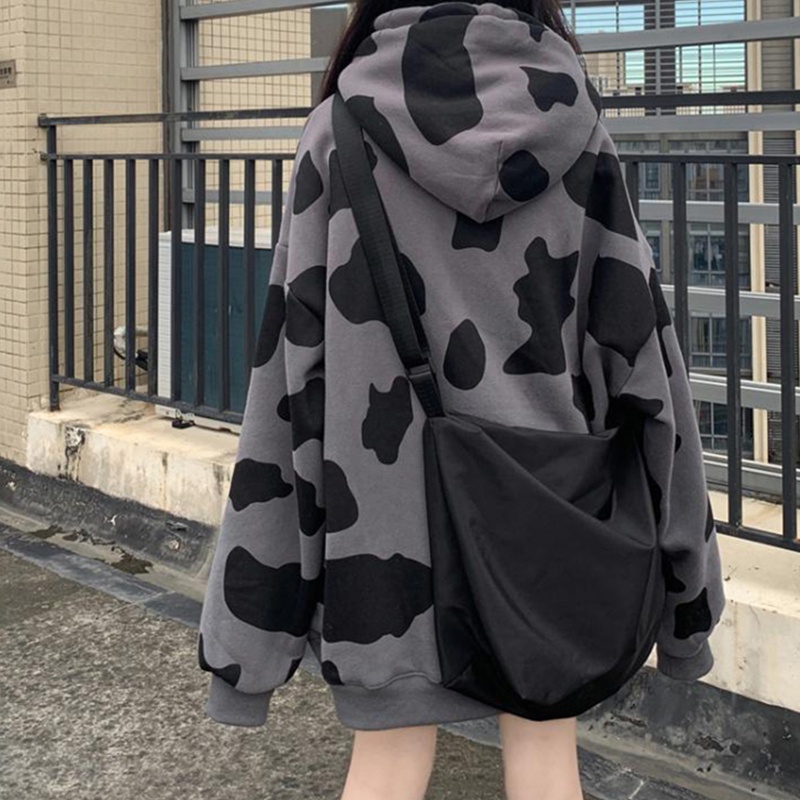 Áo Hoodie Dây Rút Tay Dài Dáng Rộng In Họa Tiết Bò Sữa Dễ Thương Phong Cách Harajuku Cho Nữ