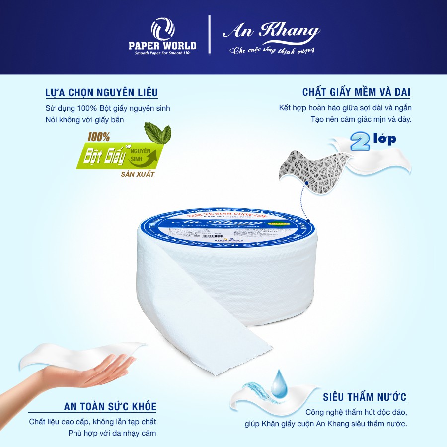Giấy vệ sinh cuộn lớn AN KHANG AKC500, 100% bột giấy nguyên sinh, dùng trong nhà vệ sinh, toilet, hai lớp 500gr