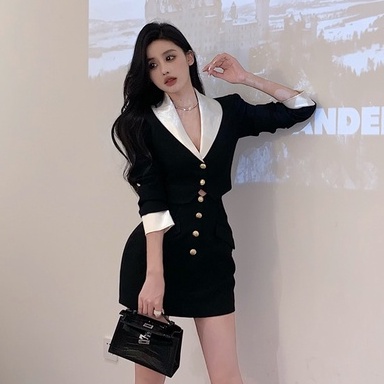 Áo Khoác Vest Tay Dài Dáng Ôm Màu Đen Phối Khuy Áo Và Chân Váy Lưng Cao Phong Cách Hàn Quốc Dành Cho Nữ