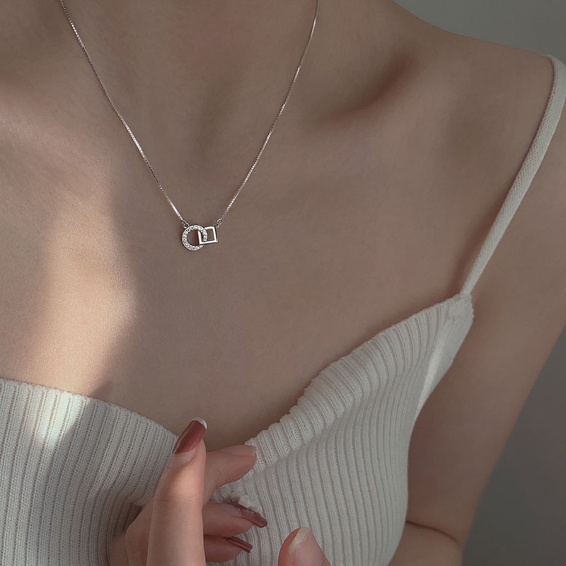 Vòng cổ Mạ Bạc 925 Mặt Hình Học Đơn Giản Đính Đá Zircon Thời Trang Phong Cách Hàn Quốc Cho Nữ