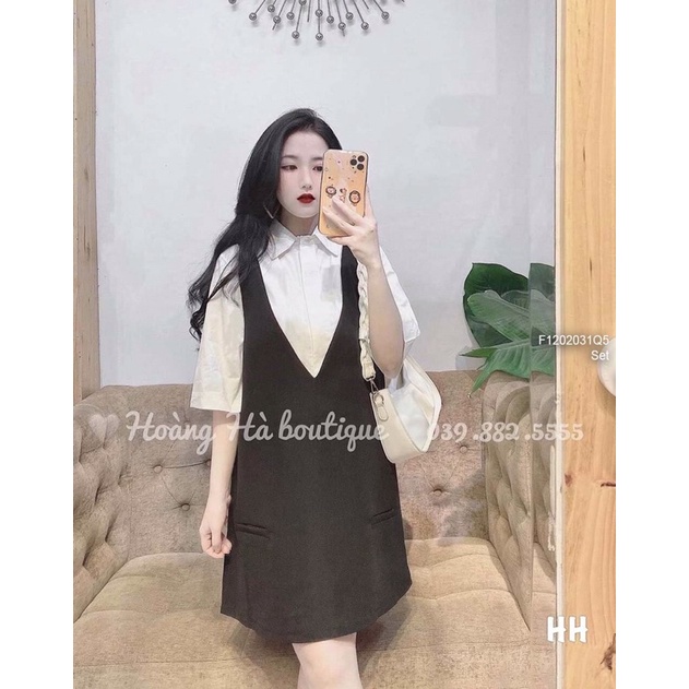 Set áo sơ mi trắng tay ngắn phối đầm yếm umi đen dáng suông cổ tim xẻ sâu sát nách hàng QC!100% ảnh sàn tự chụp, no fake