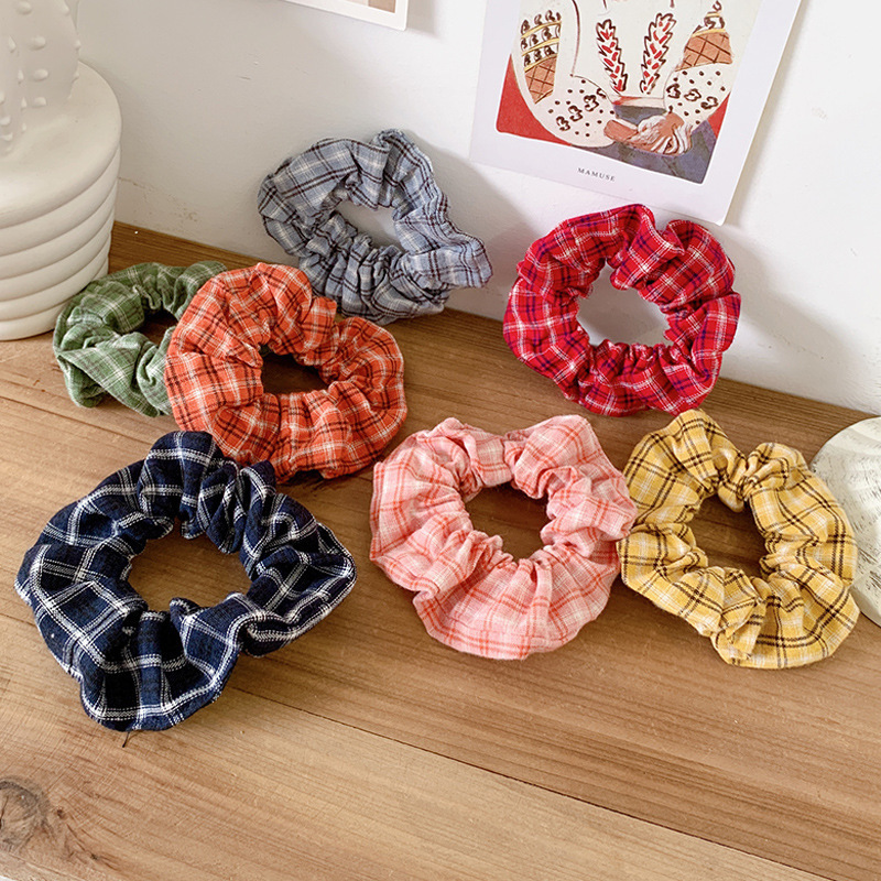 Dây buộc tóc họa tiết sọc caro thời trang retro Hàn Quốc