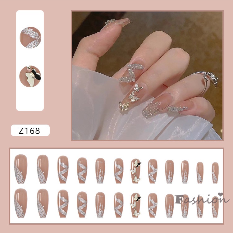 Set 24 móng tay giả dáng dài đính bướm thời trang dành cho nữ