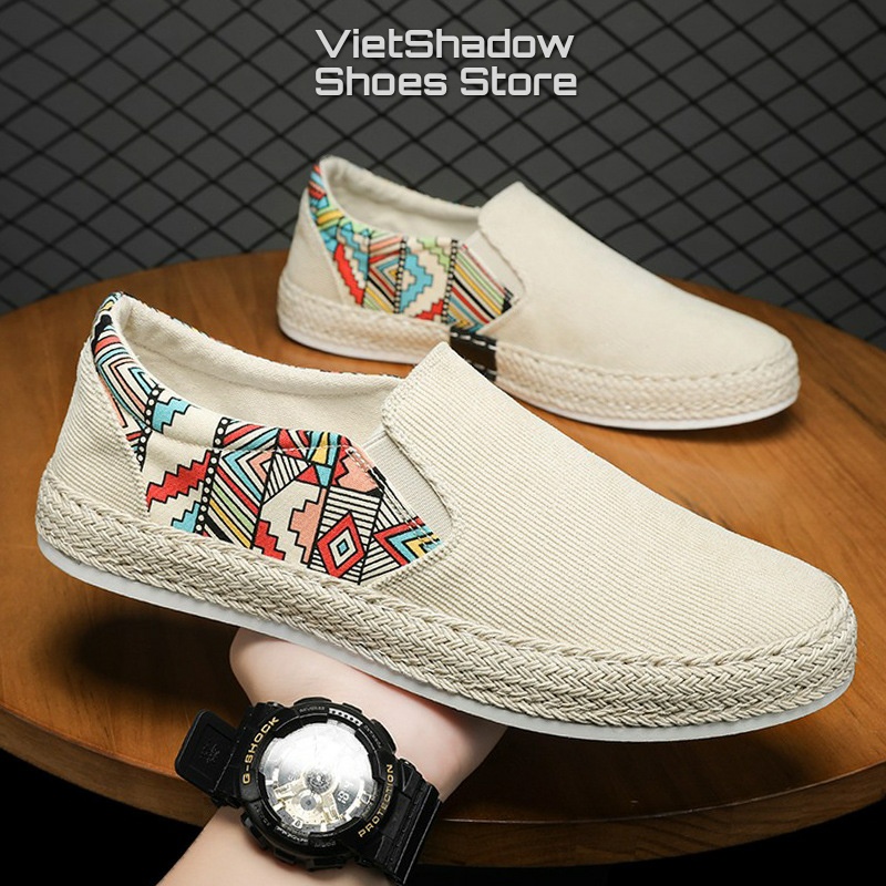 Slip on nam giày lười vải nam chất liệu nhung phối vải bố in họa tiết thổ cẩm bo viền đay nổi bật cá tính - Mã SP E010