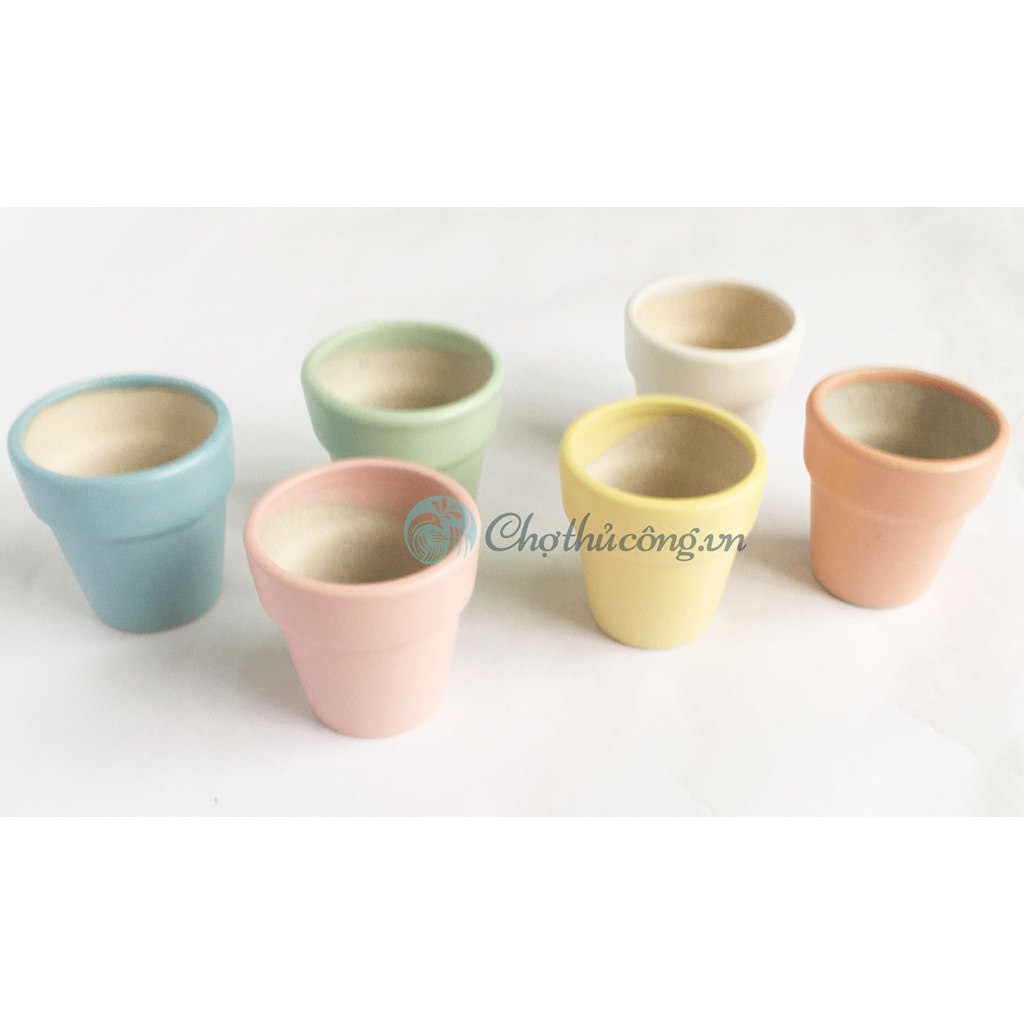 Combo 6 Chậu gốm nhỏ C7xR7cm 6 màu pastel, chậu gốm men mát Bát Tràng có lỗ vintage trồng sen đá, xương rồng, decor