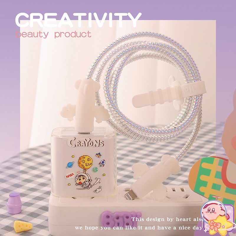 Vỏ Bọc Bảo Vệ Dây Cáp Sạc iPhone Màu Huỳnh Quang Trong Suốt Họa Tiết Hoạt Hình Dễ Thương