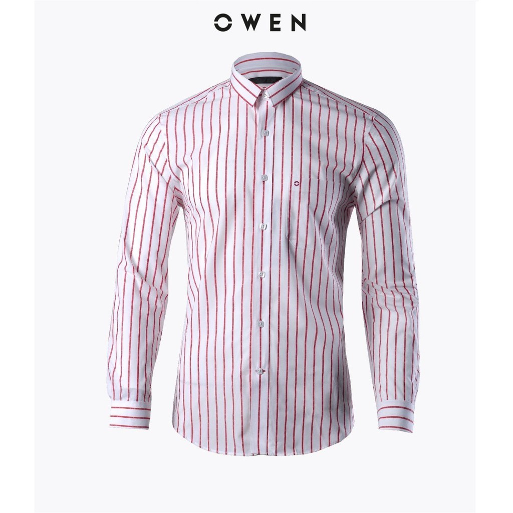 OWEN - Áo sơ mi dài tay Owen Regular fit chất sợi tre kẻ sọc đỏ vân chìm 81106 | BigBuy360 - bigbuy360.vn