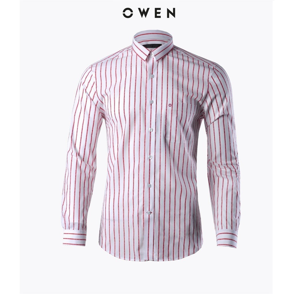 OWEN - Áo sơ mi dài tay Owen Regular fit chất sợi tre kẻ sọc đỏ in vân chìm 81106