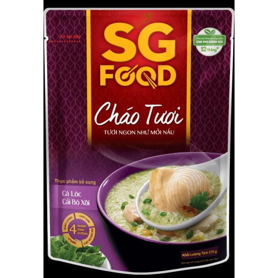 Cháo Tươi SG Food 270g ( Lươn đậu xanh /Cá lóc cải bó xôi ) 12 tháng tuổi