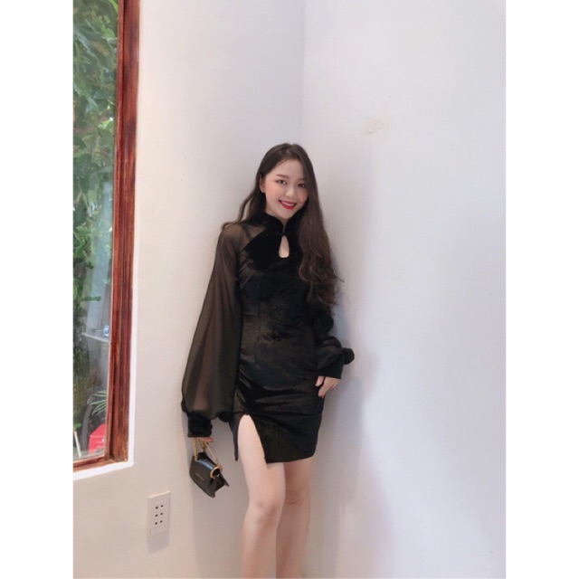CHINESE DRESS đầm nhung sườn sám phối tay lưới đen, đỏ