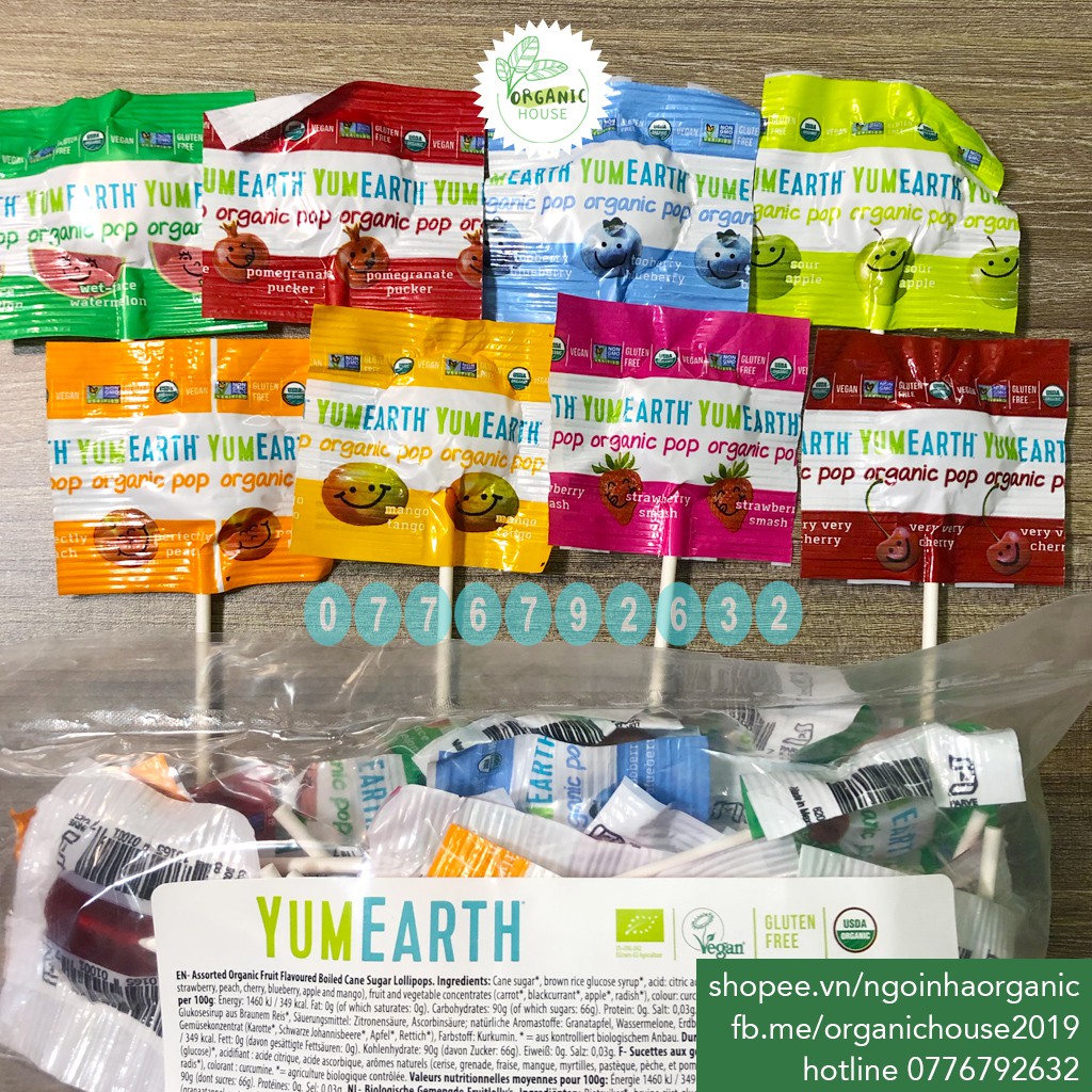 Kẹo mút trái cây hữu cơ cho bé YumEarth Organic Pop 1 chiếc