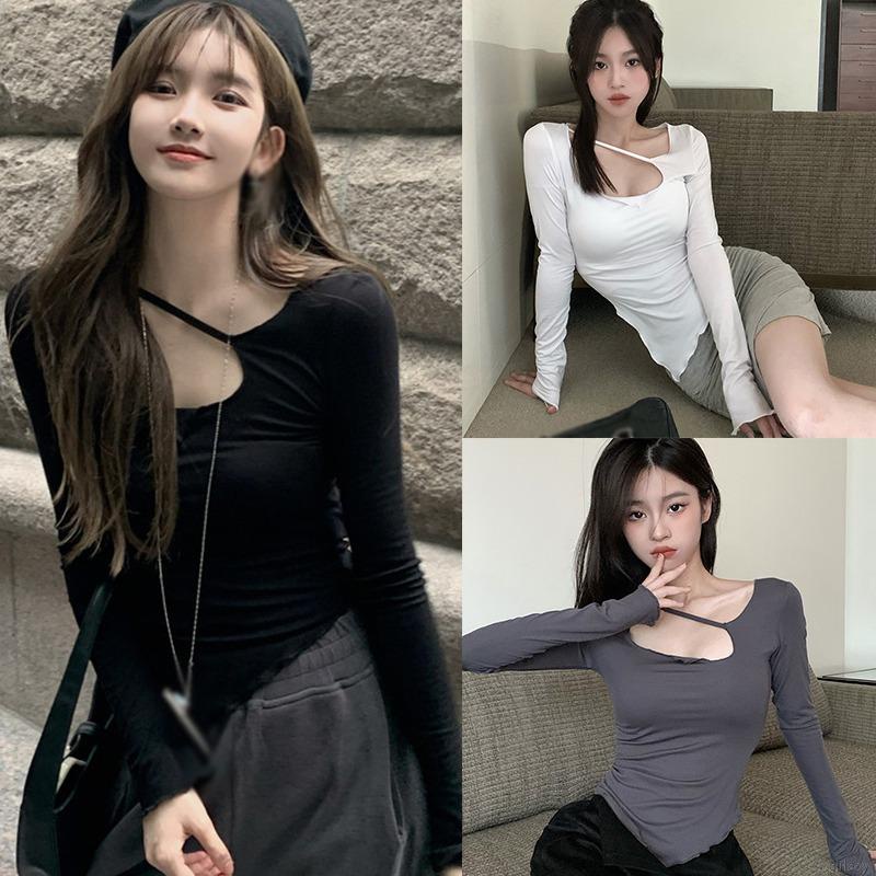 Áo thun dài tay dáng ôm màu trơn thời trang Hàn Quốc đơn giản cho nữ