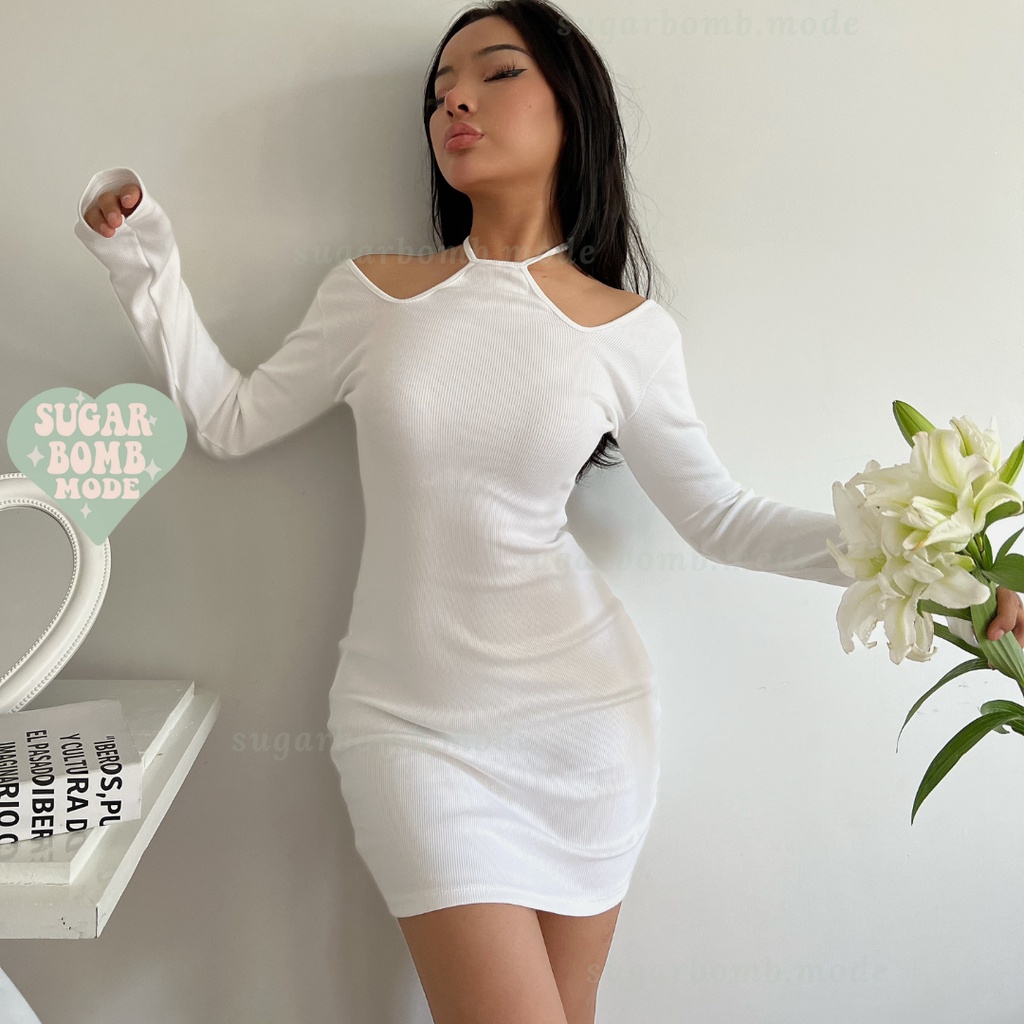 Đầm Body Sexy Hở Lưng Hở Eo Váy Ôm Cổ Yếm Hở Vai Cột Dây Quyến Rũ Sang Chảnh Màu Trắng Thun Sugarbomb.mode Trắng, Đe
