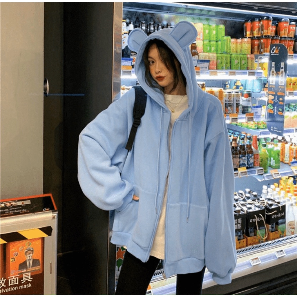Áo khoác nữ Hoodie form rộng Khóa Dây Kéo Ngoại Trơn Tai Thỏ bông mềm TP [NewUnisex]