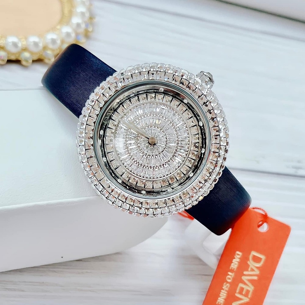 Đồng Hồ Nữ Davena 32091 Dây Da Xanh Đen Silver Chính Hãng 39mm