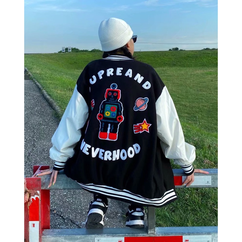 Áo khoác bóng chày thêu hoạt hình phối màu tương phản kiểu Hip-Hop Mỹ cá tính