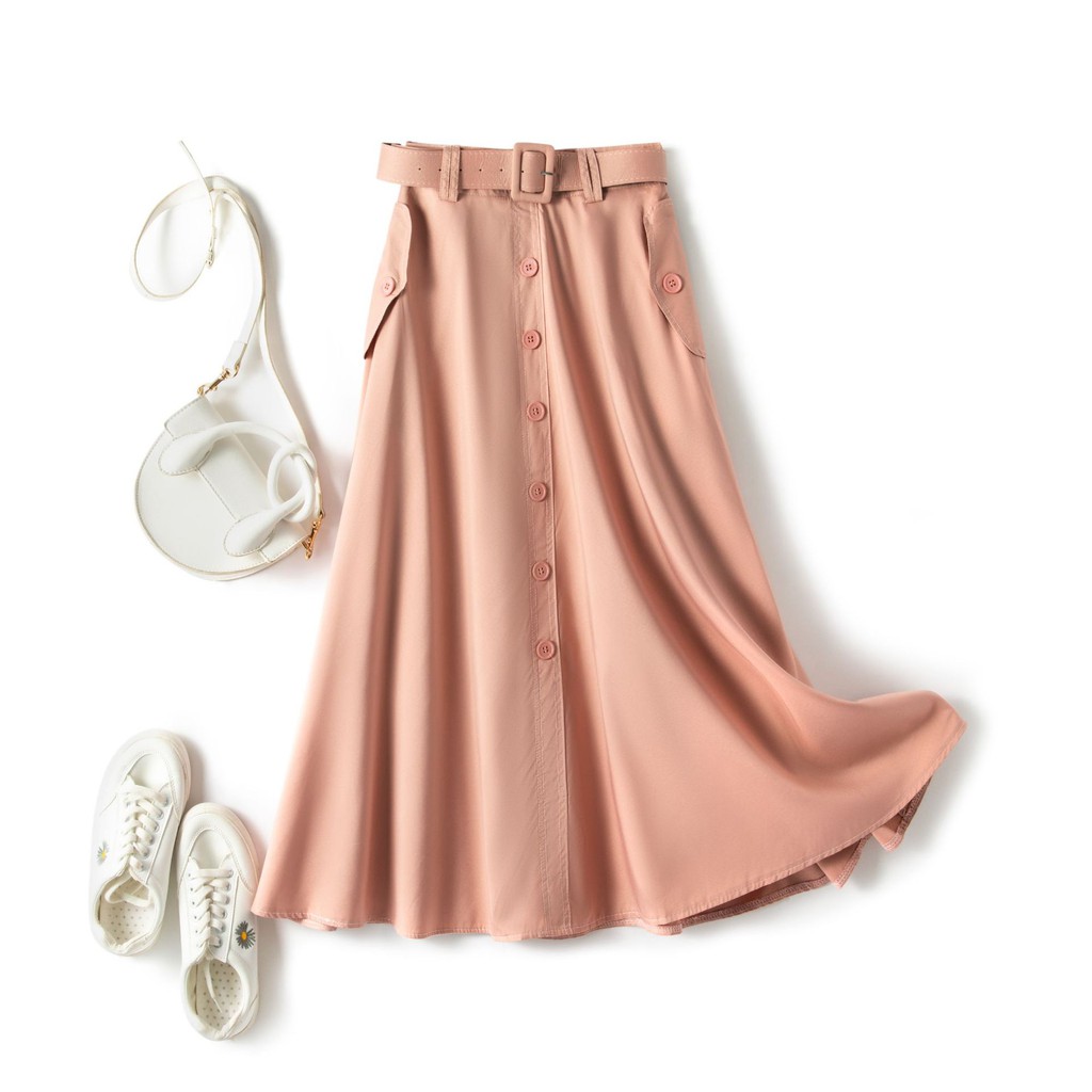 Chân váy dáng dàng đính túi cúc kèm đai vải xuông không nhăn free size VAY108