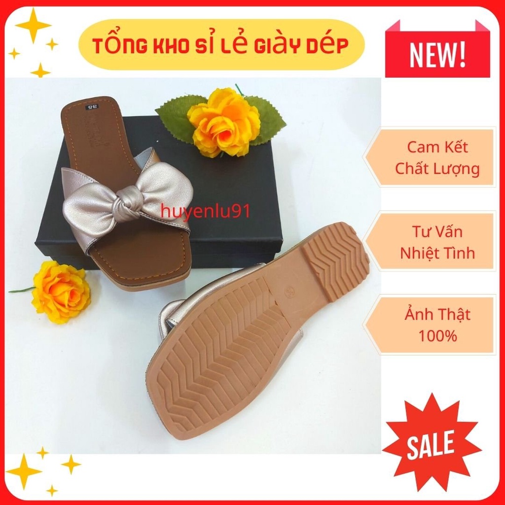 Dép lê thắt nơ,dép thời trang da mềm êm chân, sandal nữ quai ngang đế kếp HL0014