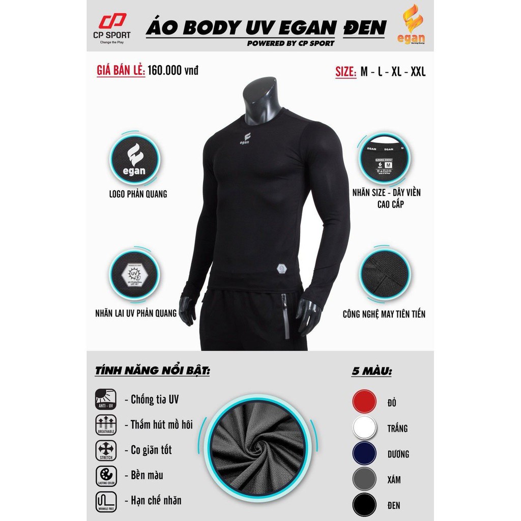 Áo Body Dài Tay, Áo Tập Gym, Áo Giữ Nhiệt, Áo Lót Body Có 6 Màu Egan UV, Co Giản Tốt, Tạo Cảm Giác Thoải Mái Khi Mặc - S