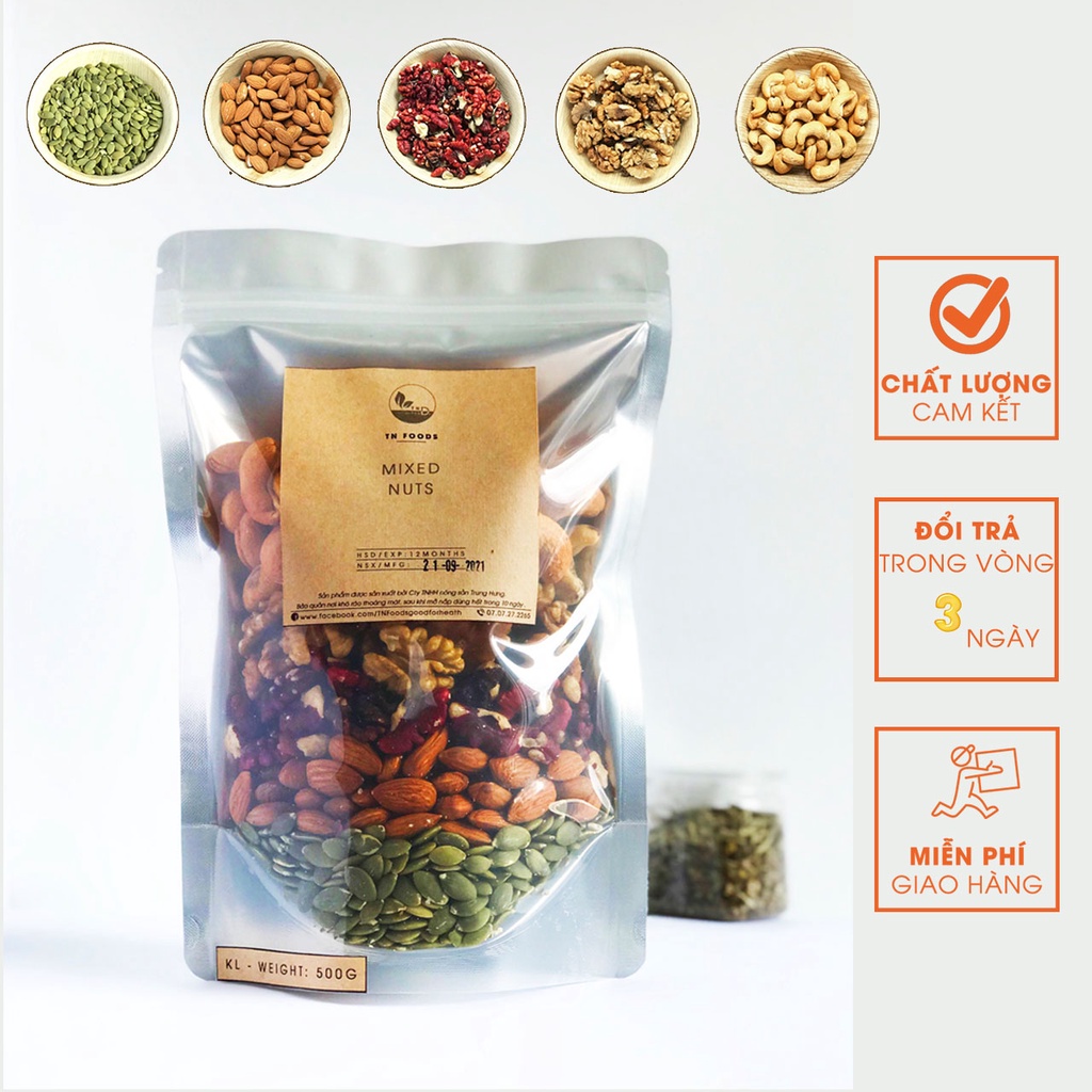 Mix Nuts 5 Loại Hạt 500g (Hạt Bí Xanh, Nhân Óc Chó Đỏ, Nhân Óc Chó Vàng, Hạt điều tách vỏ, Hạnh Nhân)