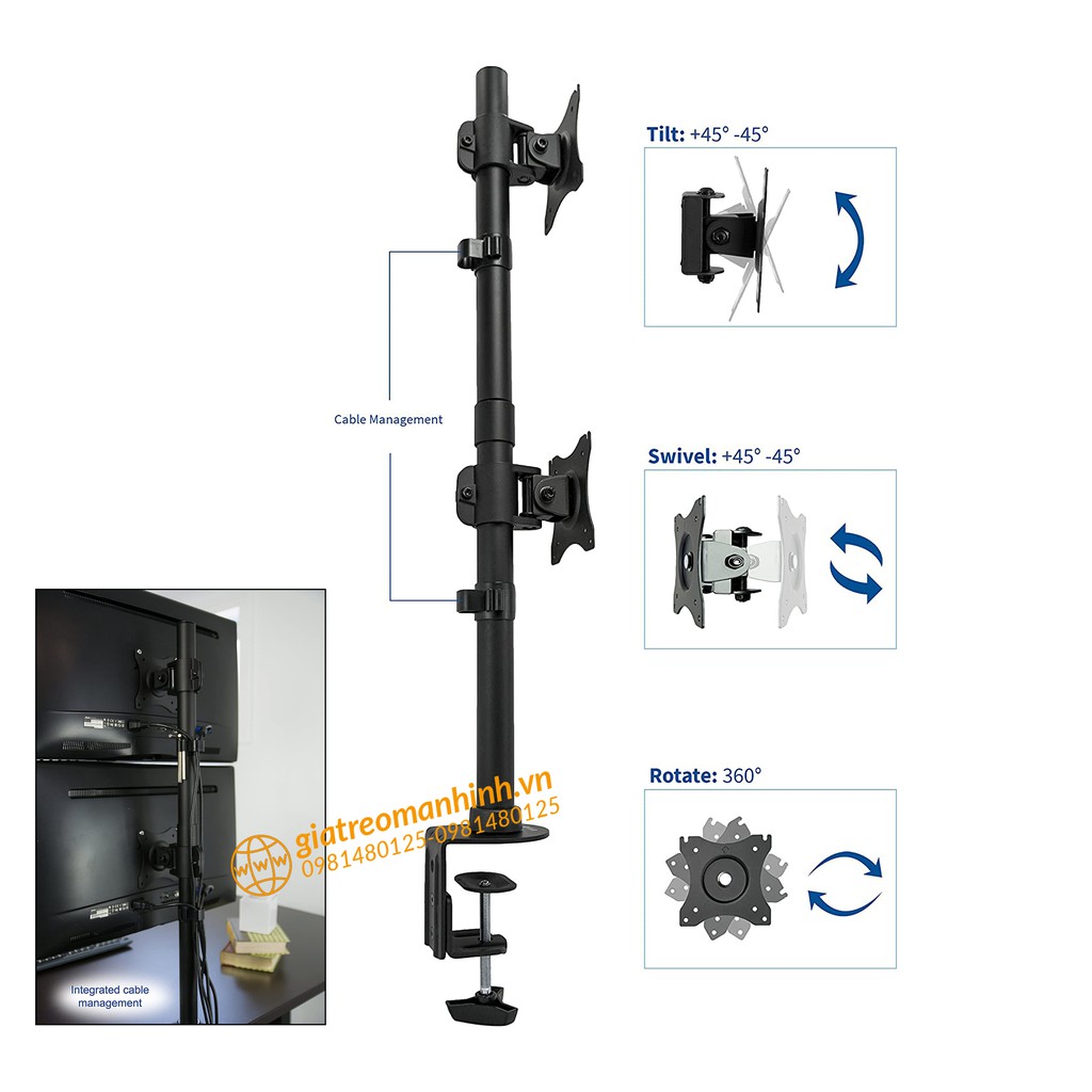 Giá Treo Màn Hình - Giá Treo 2 Màn Hình / Xếp Màn Trên - Dưới 17-27 Inch M063 Tải Trọng 8Kg  - Lắp Đặt Kẹp Bàn