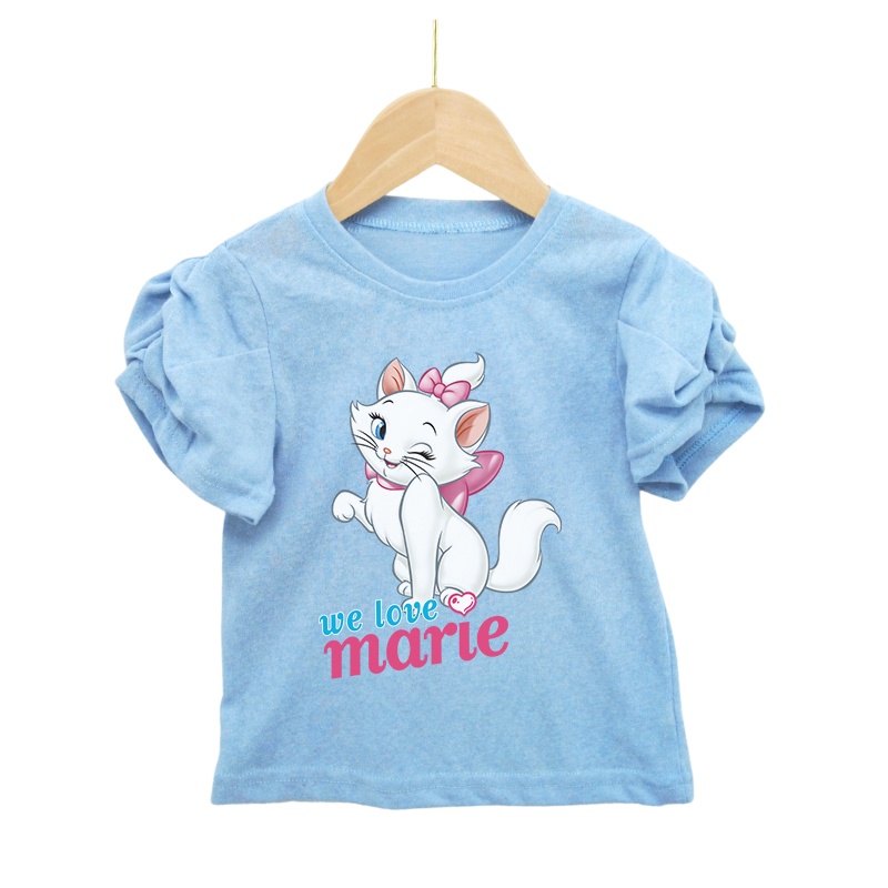 Áo Thun Tay Phồng Mềm Mại In Họa Tiết Mèo Marie Màu Kẹo Cho Bé Gái
