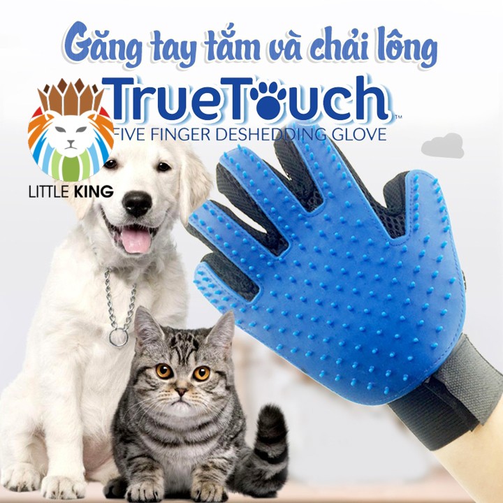 Găng tay lấy lông rụng tắm chó mèo True Touch chải lông tránh rối đánh bông lông massage cho thú cưng hiêu quả
