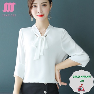 [SALE] Áo sơ mi nữ kiểu tay lỡ cổ nơ màu trắng vải cotton loại 1 AKTL207
