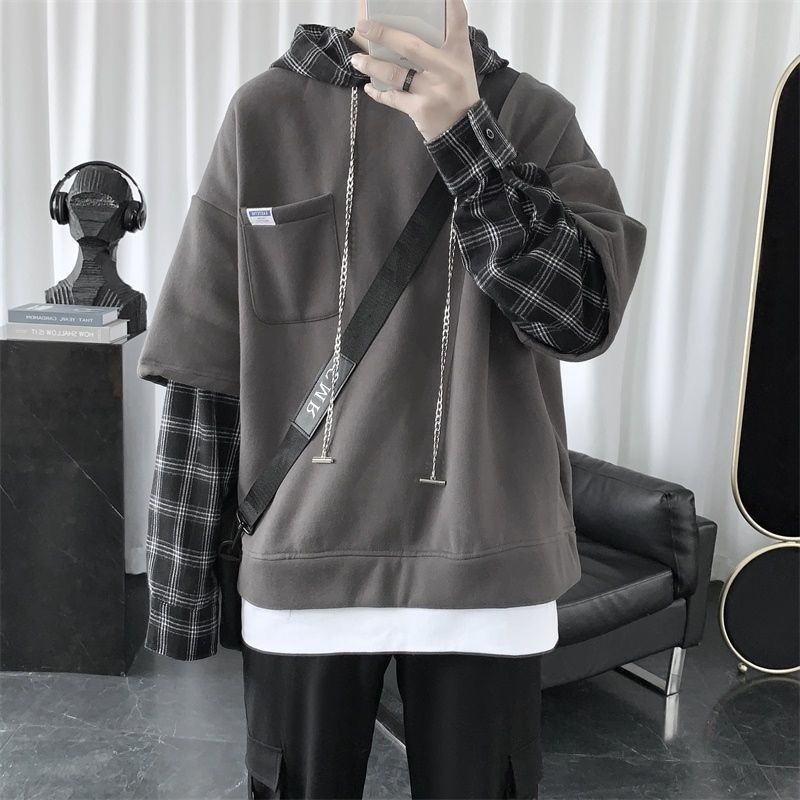 Áo Hoodie Giả Nhiều Lớp Họa Tiết Sọc Caro Trẻ Trung Cho Nam