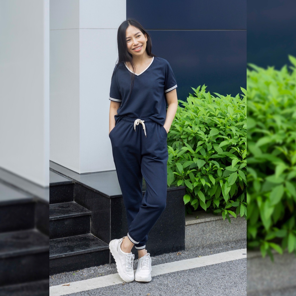 Bộ thể thao nữ SAYME bộ mặc nhà lacoste cổ tròn và cổ tim WBST0019, WBST0021